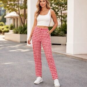 Brandy Melville Red Plaid Casual Office Straight Leg Pull On Trouser Pants Small